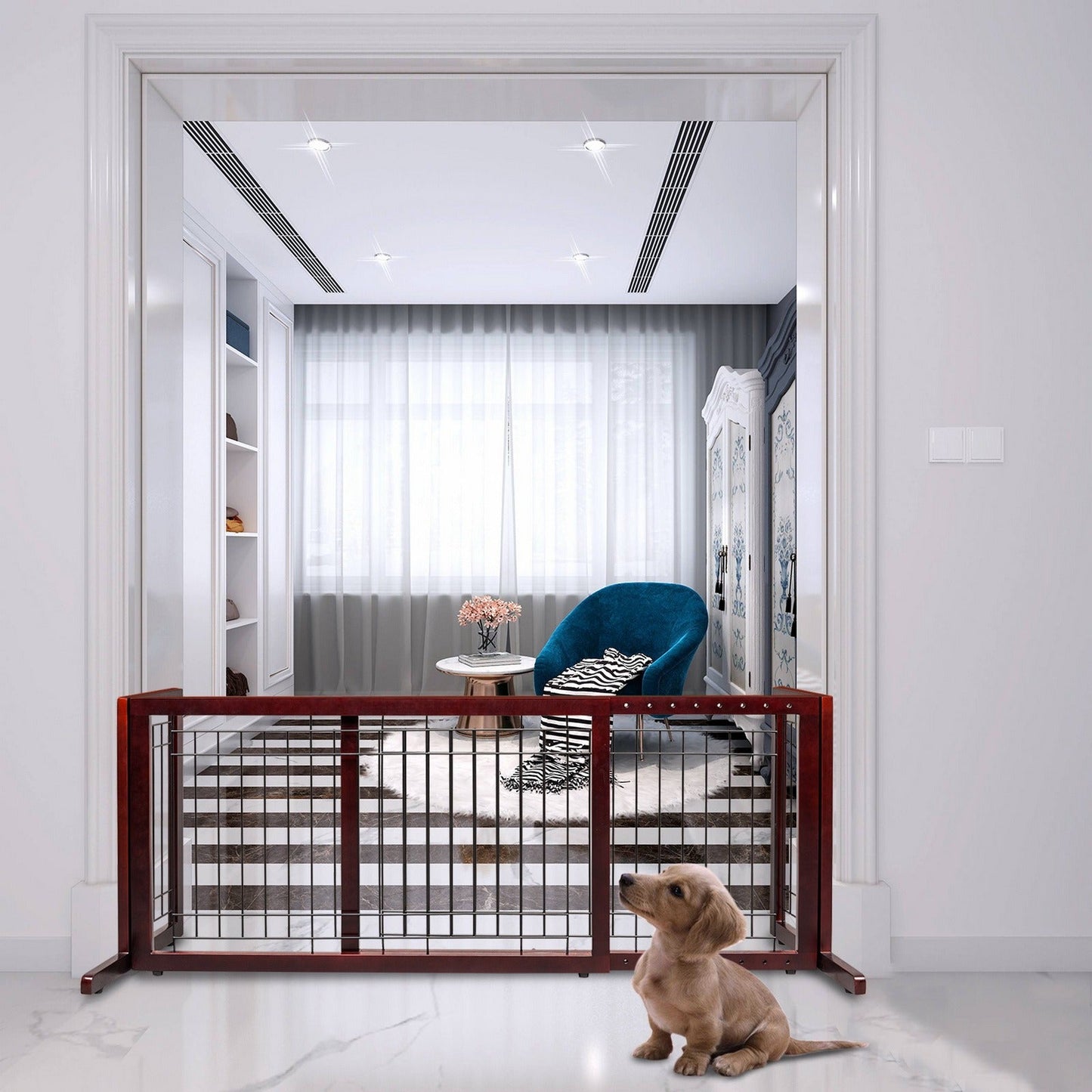 Freestanding Pet Gate for Dogs & Cats - Solid Wood Dog Gate for House, Adjustable 40" to 71" Wide, Indoor Dog Fence for Doorways Stairs Hallways, No-Drill Extra Wide Baby Gate