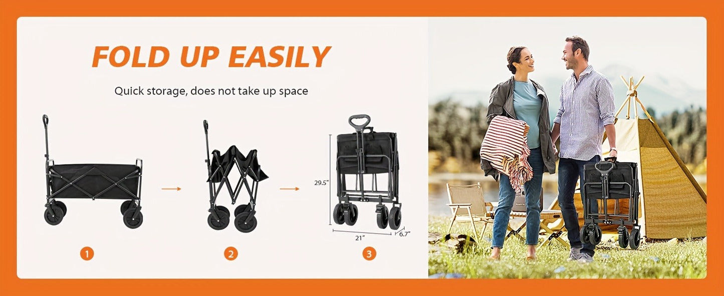 Heavy-Duty Folding Wagon Cart – All-Terrain Collapsible Utility Cart for Camping, Beach, Grocery, Gardening & Pet Outings