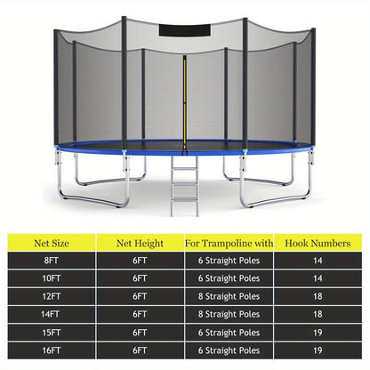 Trampoline Safety Net Replacement 12FT 14FT – PE Enclosure Net with Zipper Door & Safety Buckles for 8 Straight Poles