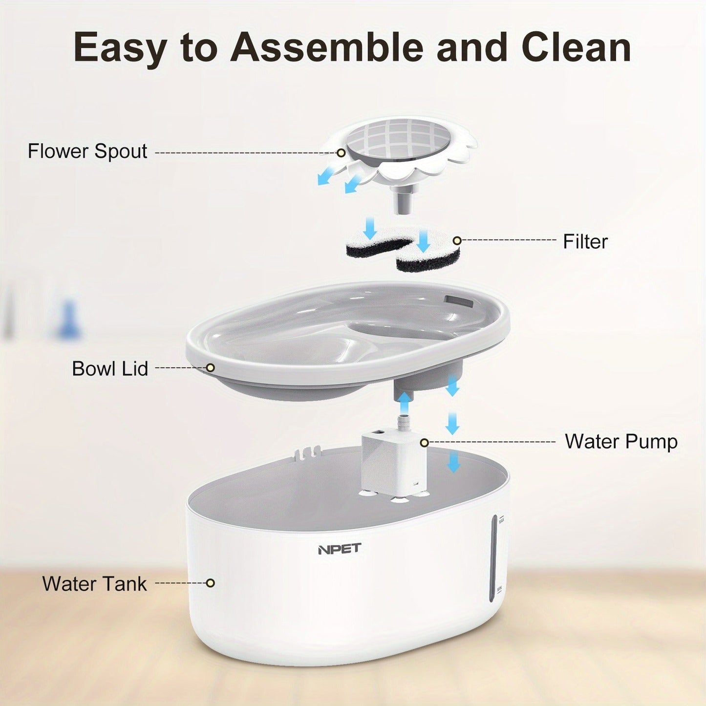 Automatic Pet Water Fountain 2L / 67oz - Ultra-Quiet Pump, Visible Water Level Window, Cat & Dog Water Dispenser, Safe BPA-Free Design, Filter Included, No Battery Required, PETNC010GW