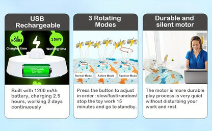 Interactive Cat Toy Electric Motion Activated 2-in-1 Rotating Butterfly & Feather Wand - USB Rechargeable 1200mAh Auto Shut-Off 3 Speed Modes Indoor Cat Exercise Toy by Valonii