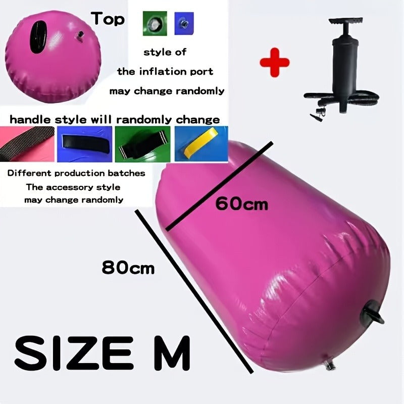 Inflatable Gymnastics Air Barrel Roll with Handle & Air Pump – Circular Air Cushion Tumbling Mat for Home Gym, Yoga, Cheerleading & Kids Training, PVC, Multiple Sizes
