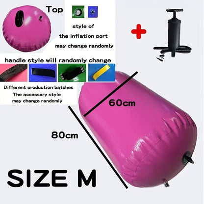 Inflatable Gymnastics Air Barrel Roll with Handle & Air Pump – Circular Air Cushion Tumbling Mat for Home Gym, Yoga, Cheerleading & Kids Training, PVC, Multiple Sizes