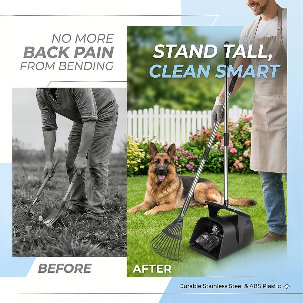 Dog Pooper Scooper with Long Handle & Swivel Bin - Heavy Duty Rake Spade Set, 40 Waste Bags Included, Pet Waste Removal for Yard Grass Gravel