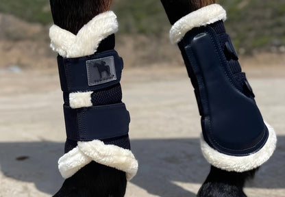 Horse Leg Wraps 1 Pair Breathable Mesh Faux Leather Protection Boots for Training Jumping, Quick-Fit Impact Absorbing Horse Leg Guards, Sizes S M L XL, Navy Blue Equine Leg Protection