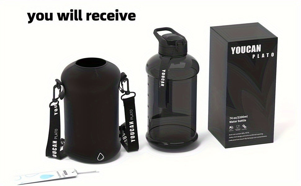 Half Gallon Water Bottle 74oz with Insulated Sleeve, Straw & Time Marker – BPA Free Leakproof Large Sports Jug with Carrying Handle & Strap for Gym, Fitness & Outdoor