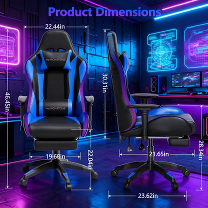Gaming Chair with Massage and Bluetooth Speaker – RGB LED Lights, 135° Reclining with Footrest, 7-Point Vibration, 3D Adjustable Arms, 360° Swivel, Heavy Duty 400 lbs Big & Tall Ergonomic Chair, Blue Black