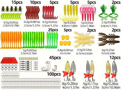 Fishing Lure Kit Tackle Set with Tackle Box – Minnow Baits, Spoon Lures, Soft Worm Baits, Frog Soft Bait, Jig Heads & Rigs – 110pcs / 252pcs / 361pcs Mixed Color Assortment for Bass Trout Pike