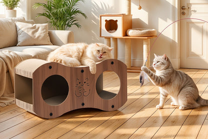 Cat Scratching Post with Integrated Cat Bed - Sturdy Walnut Wood Base, 4-Season Woven Scratch Pad, Indoor Cat Scratcher Lounge for Scratching, Lounging & Play, Oak Color with Optional Cat Toy