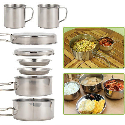 Stainless Steel Camping Cookware Set 8 Piece with Pots Pans Plates Cups and Handles - Lightweight Outdoor Cooking Kit for Camping Hiking Backpacking Open Fire Camp Kitchen Gear