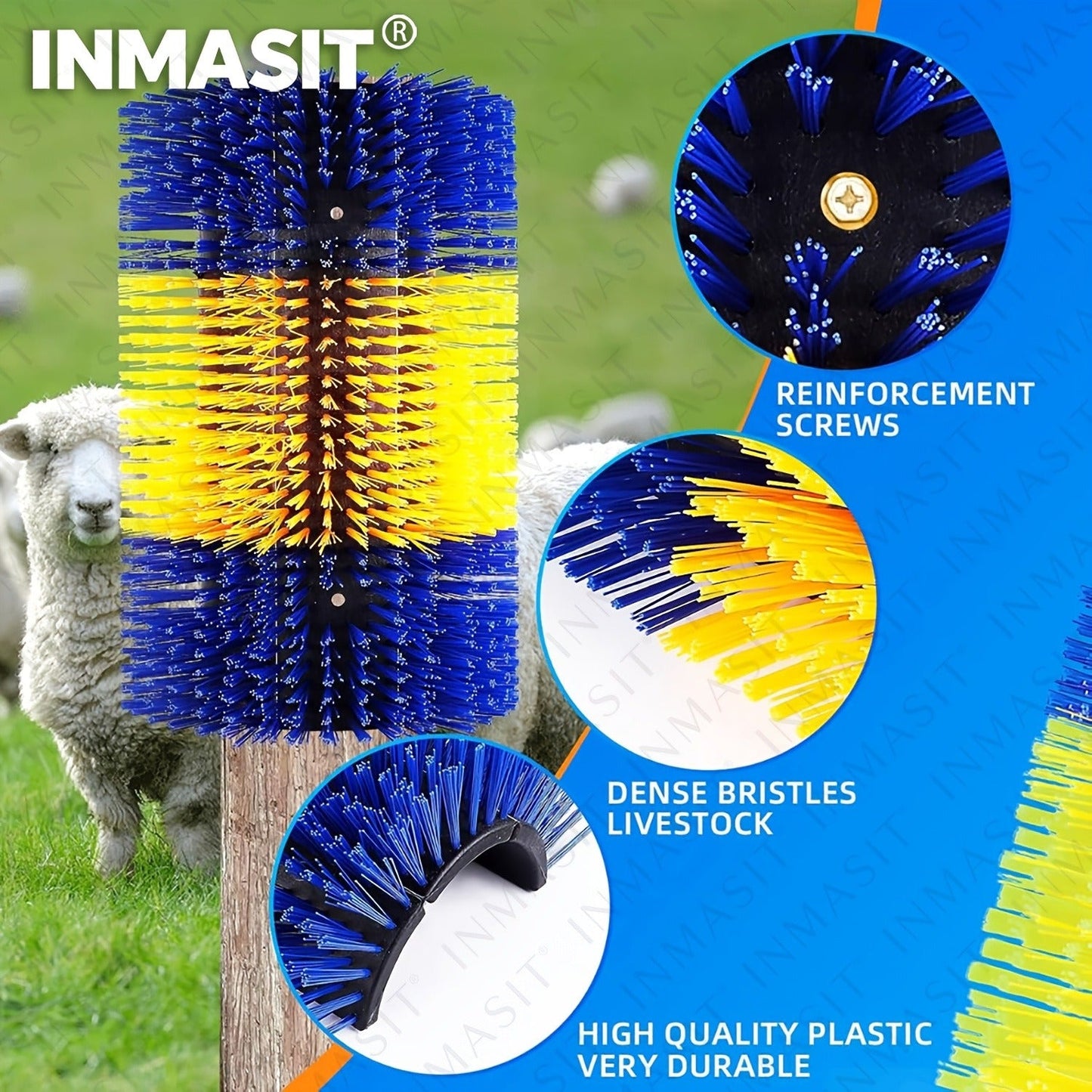 Livestock Grooming Brush Scratcher 8.7" – All-in-One Massage & Itch Relief Tool for Horse, Cow, Goat & Pig | Easy Install with 4 Screws, Battery-Free Stress Reduction, Red/Blue & Yellow/Blue
