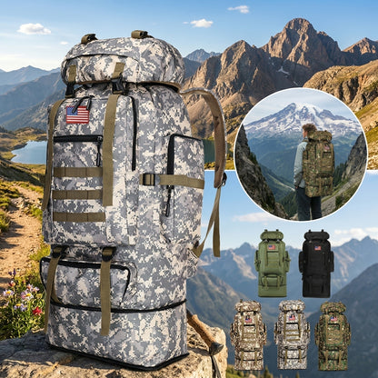 Tactical Backpack 100L Large Capacity Hiking Backpack Multiple Compartments Heavy Duty Ergonomic Straps for Camping Travel Trekking Backpacking Outdoor Adventures Jungle Green Black Army Green Gray Desert