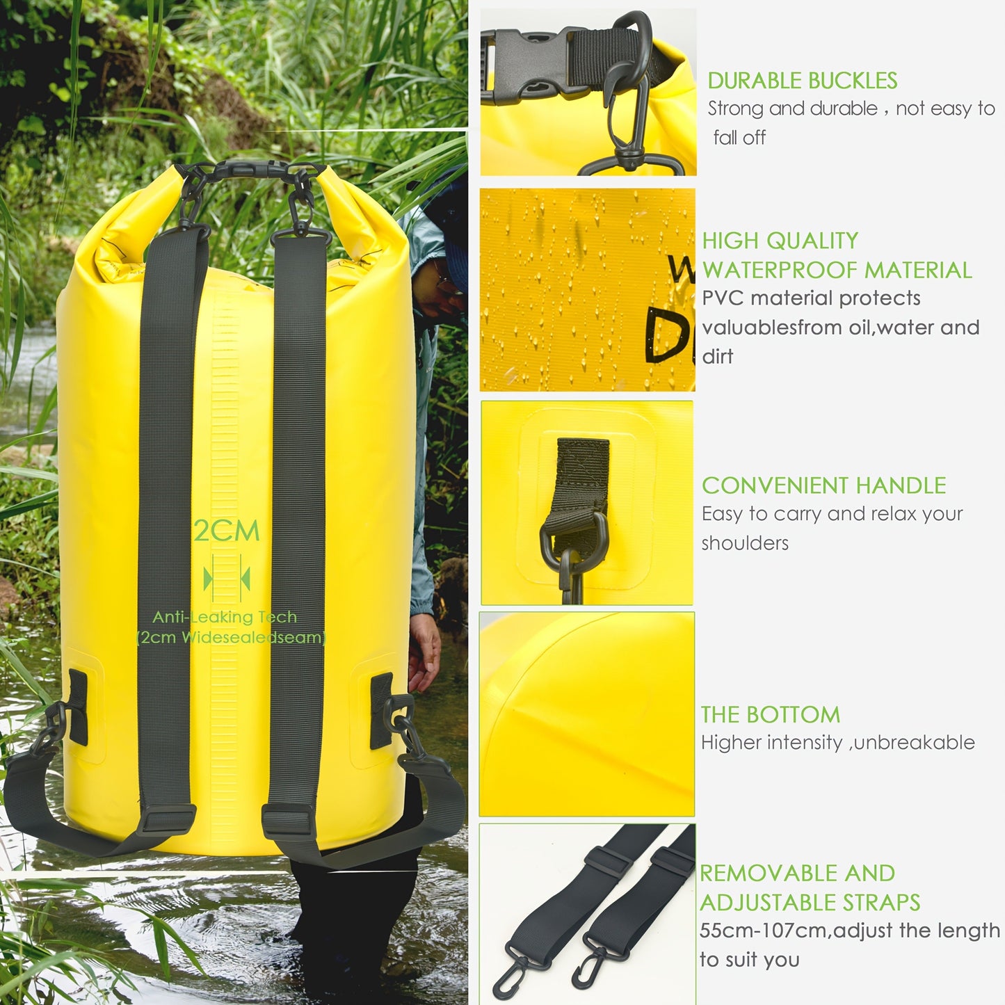 Waterproof Dry Bag Backpack 40L Roll Top Lock Closure PVC Floating Storage Bag for Kayaking Boating Swimming Hiking Camping Fishing Black Army Green Blue Yellow