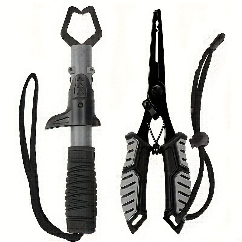 Fishing Pliers Fish Gripper Combo Set 2pcs Stainless Steel Hook Remover Line Cutter with TPR Non-Slip Handle Spring-Loaded Lock for Freshwater Saltwater Bass Trout Pike Catch and Release