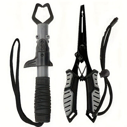 Fishing Pliers Fish Gripper Combo Set 2pcs Stainless Steel Hook Remover Line Cutter with TPR Non-Slip Handle Spring-Loaded Lock for Freshwater Saltwater Bass Trout Pike Catch and Release