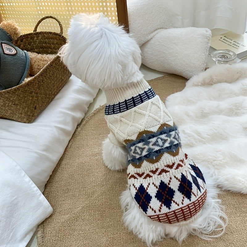 Cable Knit Dog Sweater Turtleneck - Thick Warm Winter Pet Pullover with Fair Isle Pattern, Cozy Cold Weather Knitwear for Small Medium Large Dogs & Cats, Outdoor Dog Clothes XS-XL, Beige & Blue