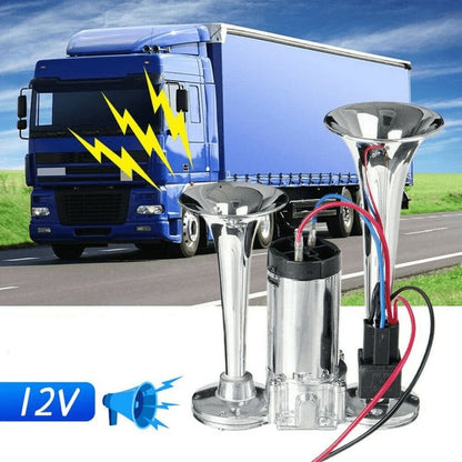 Dual Air Horn Kit 12V/24V 105-137dB with Air Compressor - Super Loud Aluminum Alloy Trumpet Horn for Truck, Train, SUV, Motorcycle, Car & Boat, Universal Electric Horn Easy Install