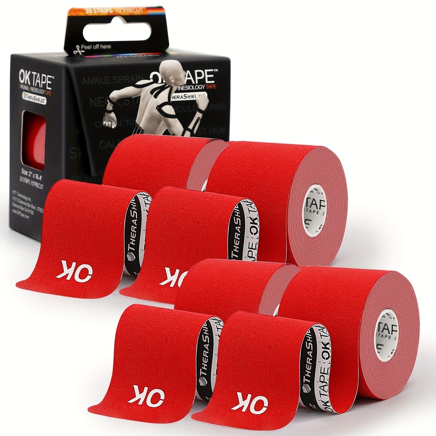 Kinesiology Tape 4 Rolls Precut 20 Strips, Cotton Elastic Athletic Tape Latex Free 2in x 16ft for Knee Shoulder Muscle Support Sports Recovery, Beige Black Pink Navy Blue Green Red