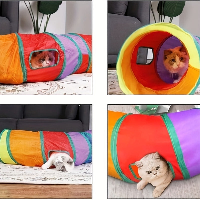 Collapsible Cat Tunnel Toy - Foldable S-Shaped & 3-Way Tube with Ball & Peek Holes, Rainbow Colors, Connectable Cat Play Tunnel for Indoor Cats & Kittens, 1pc or 2-Pack Bundle