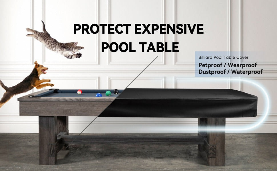 Leatherette Pool Table Cover 7 8 9FT Waterproof Tearproof Billiard Table Protector with Leg Cutouts Scratch-Resistant Easy-Clean Protective Cover Black