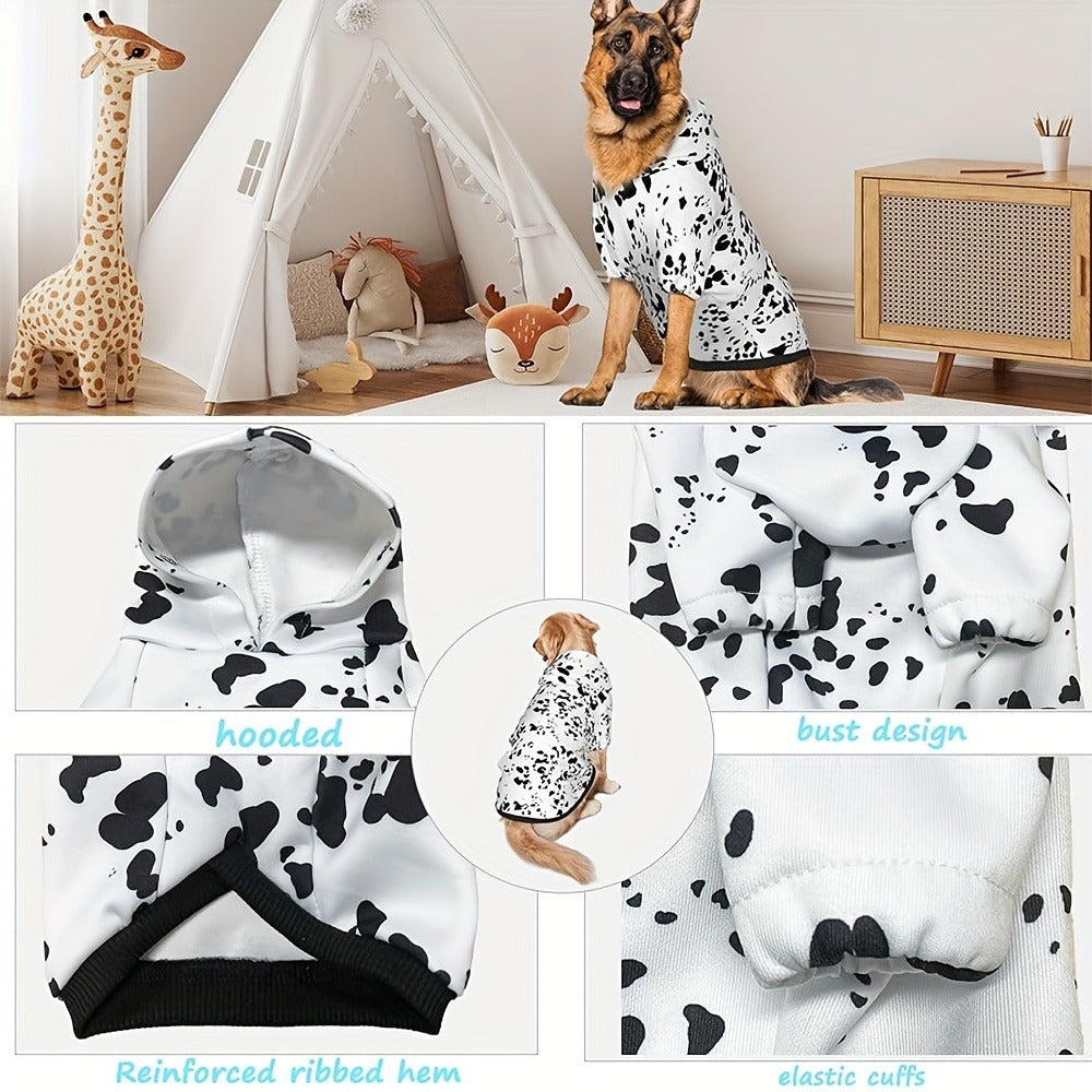 Dog Hoodie Dalmatian Print Pullover Sweatshirt – Soft Polyester Hooded Pet Costume for Small Medium Large Dogs, Autumn Winter Halloween Outfit, Elastic Ribbed Cuffs, Machine Washable