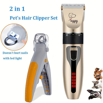 Pet Hair Trimmer Kit 2-in-1 with LED Nail Clipper – 12-in-1 Cordless Quiet Electric Clippers for Dogs & Cats, USB Rechargeable, 5 Guide Combs, Ergonomic Non-Slip Handle, Home & Salon Use