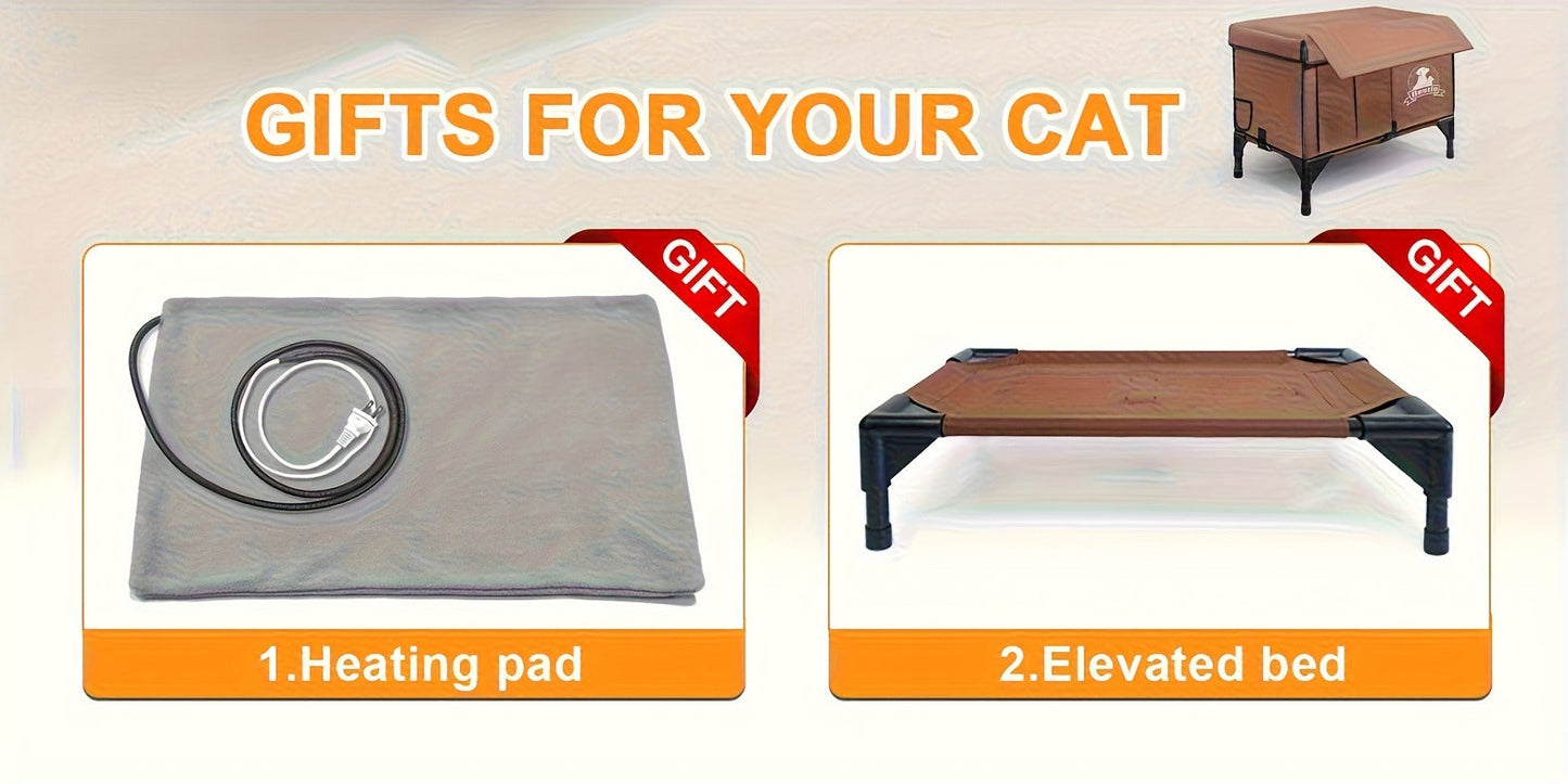 Heated Cat House 3-in-1 with Removable Warming Pad, Elevated Cat Bed for Indoor & Outdoor Cats, Chew-Resistant Cord, Double Door Cat Cave, All-Season Cat Shelter & Condo