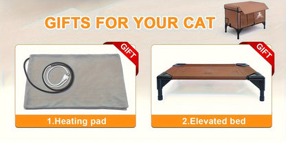 Heated Cat House 3-in-1 with Removable Warming Pad, Elevated Cat Bed for Indoor & Outdoor Cats, Chew-Resistant Cord, Double Door Cat Cave, All-Season Cat Shelter & Condo