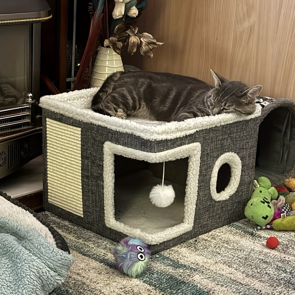 Multi-Tier Cat House & Indoor Cat Cube Bed - Foldable 2-Level Cat Tree with Scratching Post, Toy Tunnel & Plush Hanging Ball, Space-Saving Nylon Canvas Cat Furniture 16.5x16.5x13in for Small Spaces