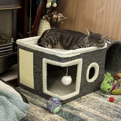 Multi-Tier Cat House & Indoor Cat Cube Bed - Foldable 2-Level Cat Tree with Scratching Post, Toy Tunnel & Plush Hanging Ball, Space-Saving Nylon Canvas Cat Furniture 16.5x16.5x13in for Small Spaces