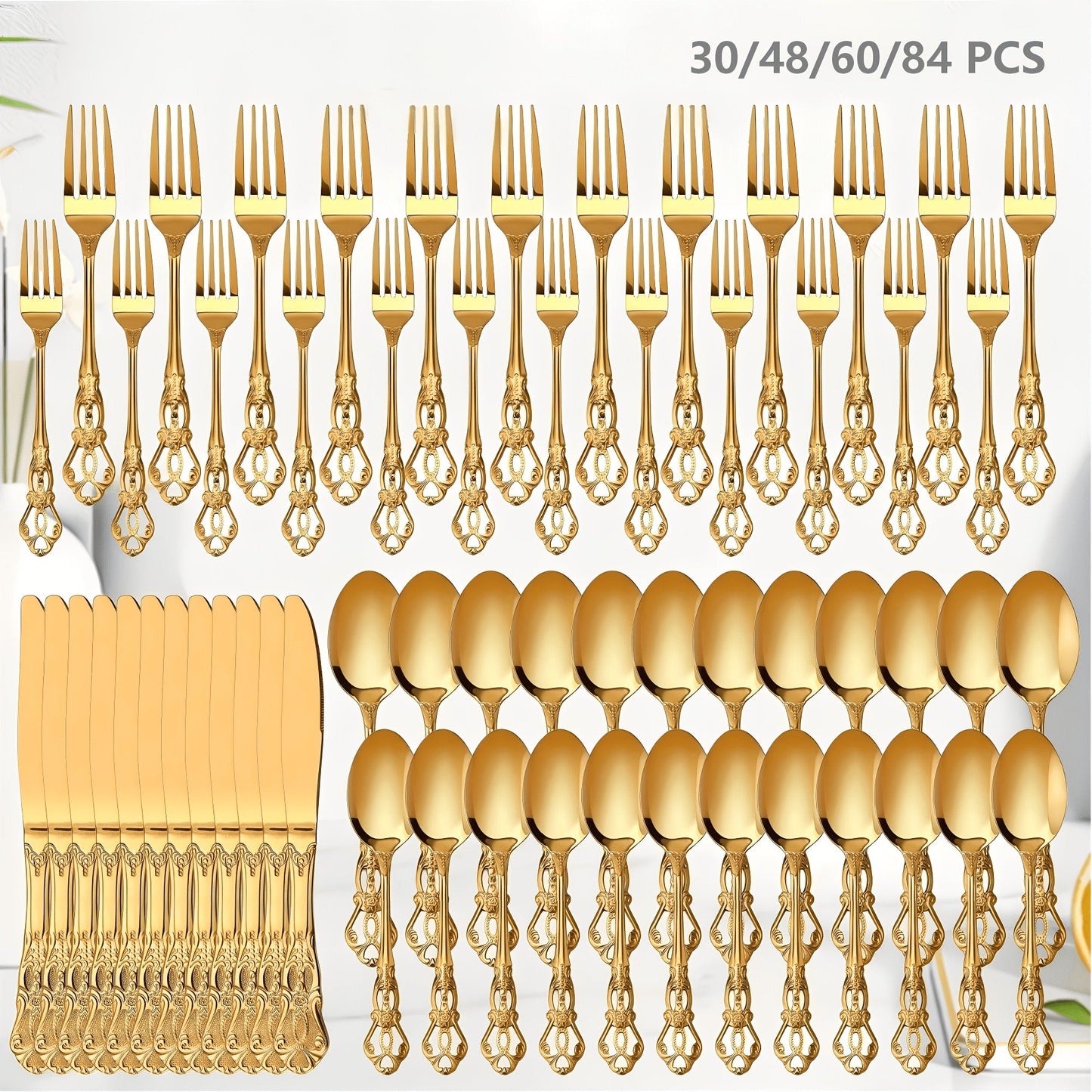 Stainless Steel Flatware Set – Vintage Royal Golden & Silver Silverware Set for 6, Rust-Resistant Dishwasher Safe Cutlery with Forks, Spoons & Knives – Available in 30 / 48 / 60 / 84 Piece Sets