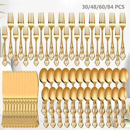 Stainless Steel Flatware Set – Vintage Royal Golden & Silver Silverware Set for 6, Rust-Resistant Dishwasher Safe Cutlery with Forks, Spoons & Knives – Available in 30 / 48 / 60 / 84 Piece Sets