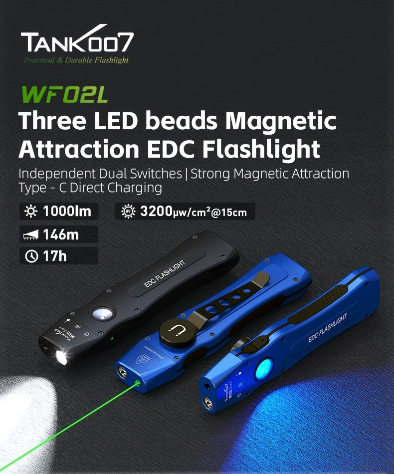 3-in-1 UV Flashlight 1000 Lumen White Light UV365 Green Light Rechargeable Magnetic Torch for Inspection Outdoor Camping Home