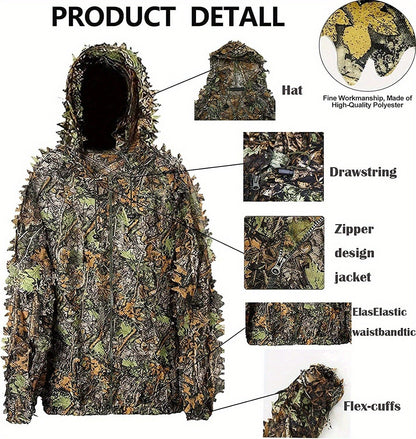 3D Leaf Ghillie Suit Lightweight Camouflage Hunting Suit for Men Women - Full Body Camo Outfit for Wildlife Photography, Birdwatching, Airsoft, Spring Summer Autumn Outdoor Training