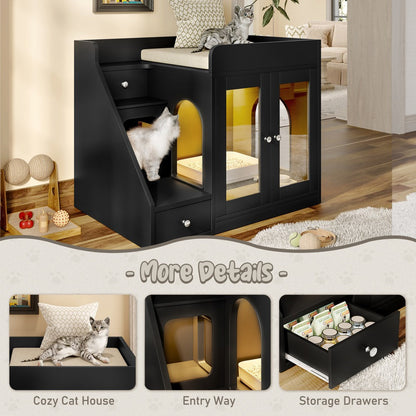 Cat Litter Box Enclosure Furniture Hidden Cabinet with LED Light & 2 Drawers – MDF Indoor Cat House Side Table with Acrylic Door, Stair Steps & 110 lb Capacity, Gray White Black