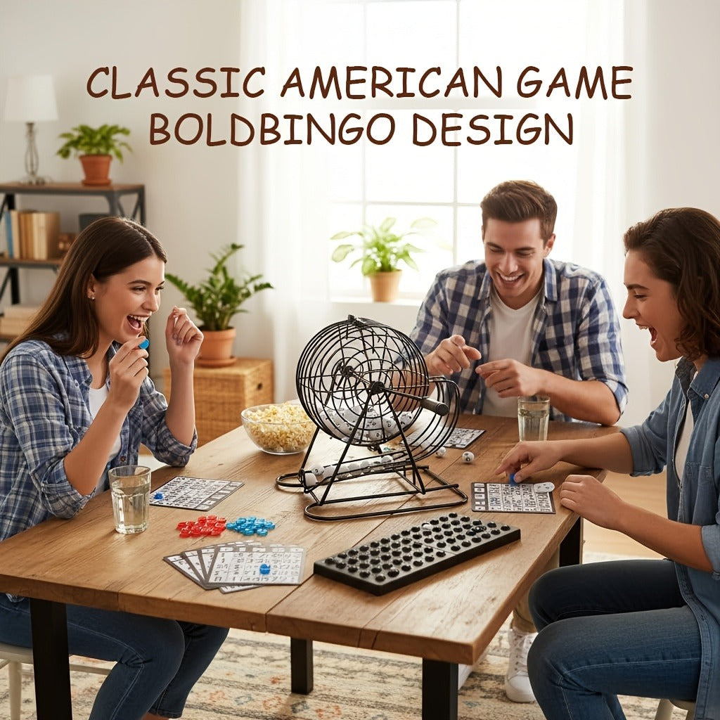 Deluxe Bingo Game Set with Stainless Steel Metal Cage | Includes Bingo Balls Cards & Colorful Chips | Classic Family Board Game for Game Nights Parties and Large Groups