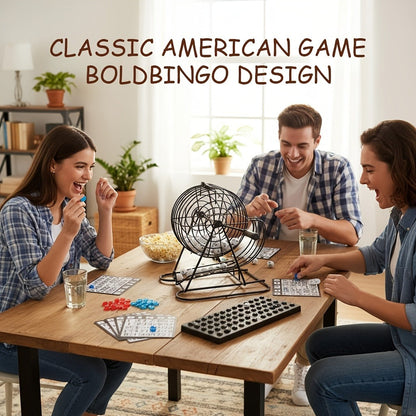 Deluxe Bingo Game Set with Stainless Steel Metal Cage | Includes Bingo Balls Cards & Colorful Chips | Classic Family Board Game for Game Nights Parties and Large Groups