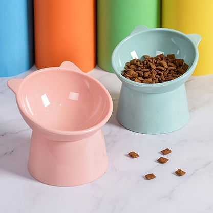 Cat Ear Shaped Raised Cat Bowls Set of 3 - Elevated Feeder Anti-Slip Base Neck Comfort Design, Pink Green Blue Feeding Dish for Cats & Small Pets