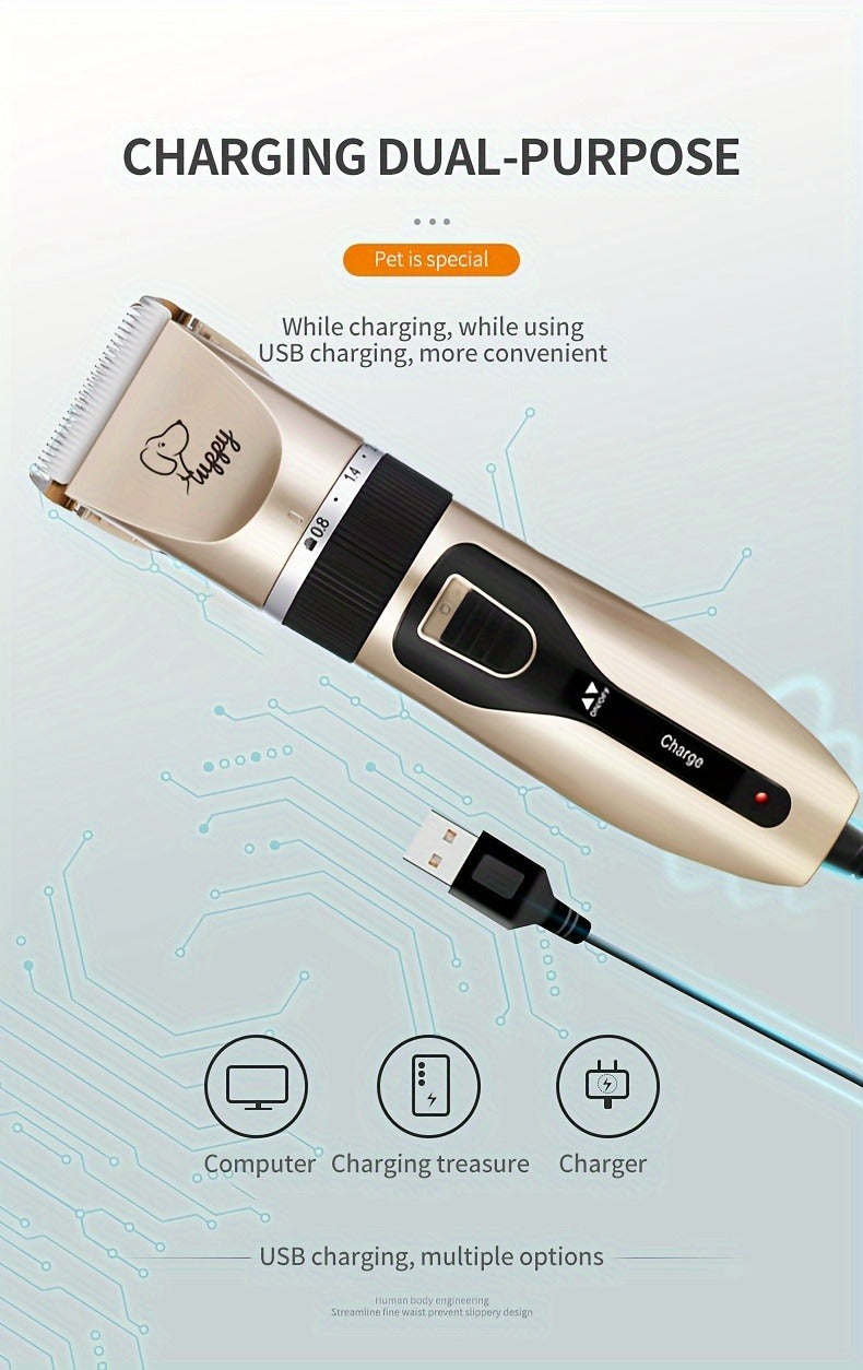 12-in-1 Pet Hair Trimmer Kit USB Rechargeable - Professional Cordless Electric Clippers for Dogs Cats Puppies Kittens, Adjustable Blade 5 Guide Combs Nail Clipper Scissors, Silent Home Grooming Set