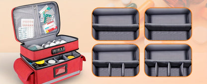Lockable Medicine Organizer Bag with Combination Lock, Double-Layer Large Capacity Pill Bottle Storage Case for Prescription Bottles First Aid Supplies Home Travel, Portable Medication Carry Bag Red Grey Black