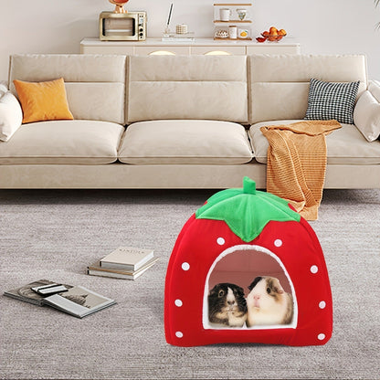 Small Animal Hideaway Bed 2pcs – Strawberry Plush Hideout for Guinea Pigs, Hamsters & Rabbits, Semi-Enclosed Warm Nest with Leaf Design, Washable, Multiple Color Options