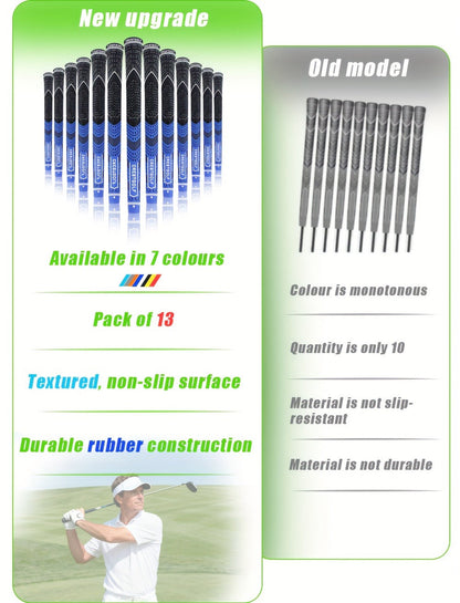 Midsize Golf Grips Set 13 Pack – All Weather Hybrid Rubber Golf Club Grips with Ecological Yarn Thread Technology, Multiple Colors, Fits Full Set of Clubs (Black, White, Red, Orange, Yellow, Blue, Gray)