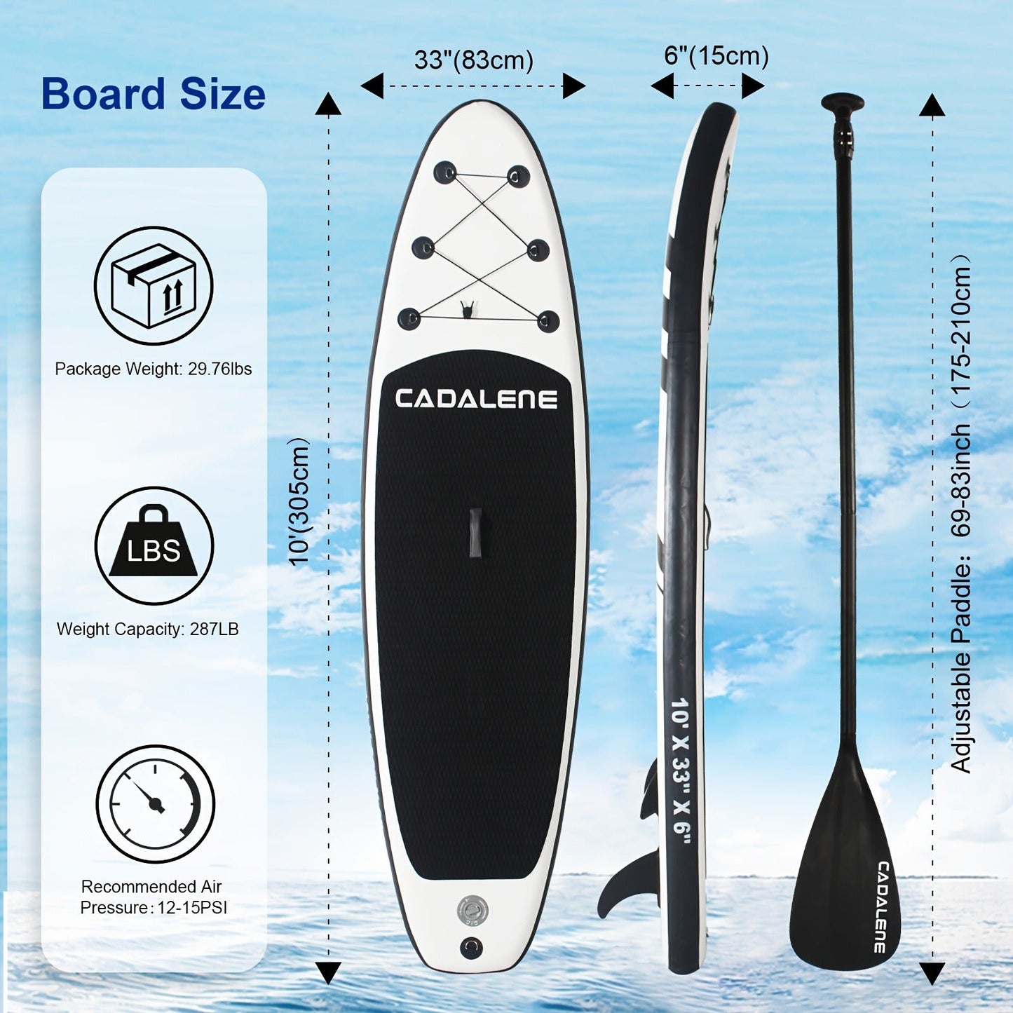 Double-Layer PVC SUP Board 10ft x 33'' Drop-Stitch Inflatable Paddle Board 12-15PSI EVA Deck 3 Fins Full Accessories Kit for Yoga Fishing Surfing Adults