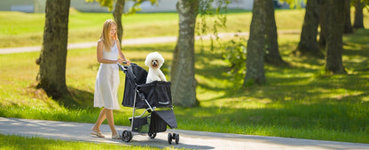 3-Wheel Pet Stroller for Small & Medium Dogs Cats - Foldable Jogger Stroller with Weather Cover, Storage Basket & Cup Holder, Breathable Mesh Window, All-Season Outdoor Walk Pram, Black