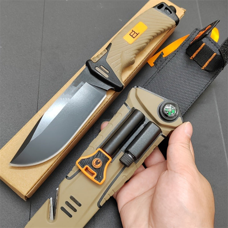 Fixed Blade Outdoor Camping Knife 9.64 Inch Stainless Steel, Survival Hunting Knife with Flint Fire Starter Night Light Sharpener Safety Sheath, Non-Slip Ambidextrous Handle for Hiking Mountaineering Adventure