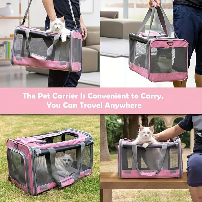 Airline Approved Pet Carrier Soft Sided Collapsible for Cats & Small Dogs - Breathable Oxford Cloth Travel Bag with Zipper Closure, Privacy Cover & Combo Set with Collar Leash Harness, Blue Pink Grey Green Beige