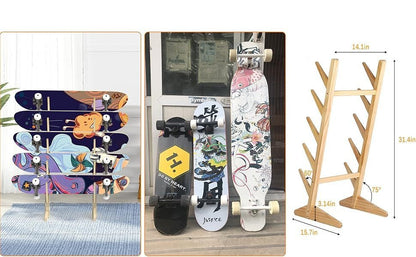 Skateboard Storage Rack 5-Layer Freestanding Wood Display Stand – Holds Longboards, Snowboards & Decks, 75° Angled Shelf with Non-Slip Base, DIY Paintable Pine Wood, Bedroom & Garage Organizer