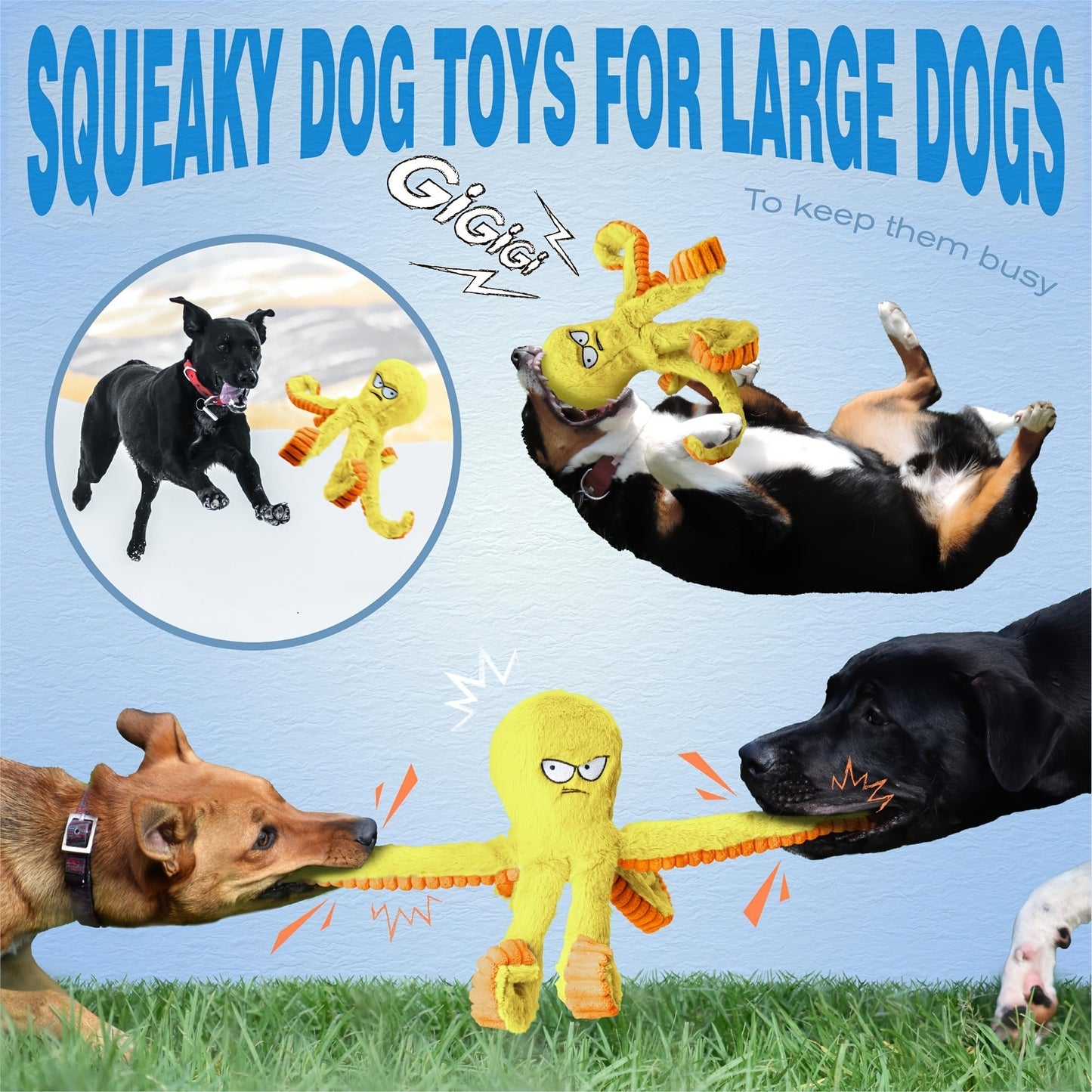 Tough Dog Chew Toy Octopus - Squeaky Stuffed Interactive Dog Toys for Large Dogs, Crinkle Tug of War Plush Dog Toy to Keep Dogs Busy, Durable Dog Toys 1/2/4 Pack - Blue & Yellow Octopus