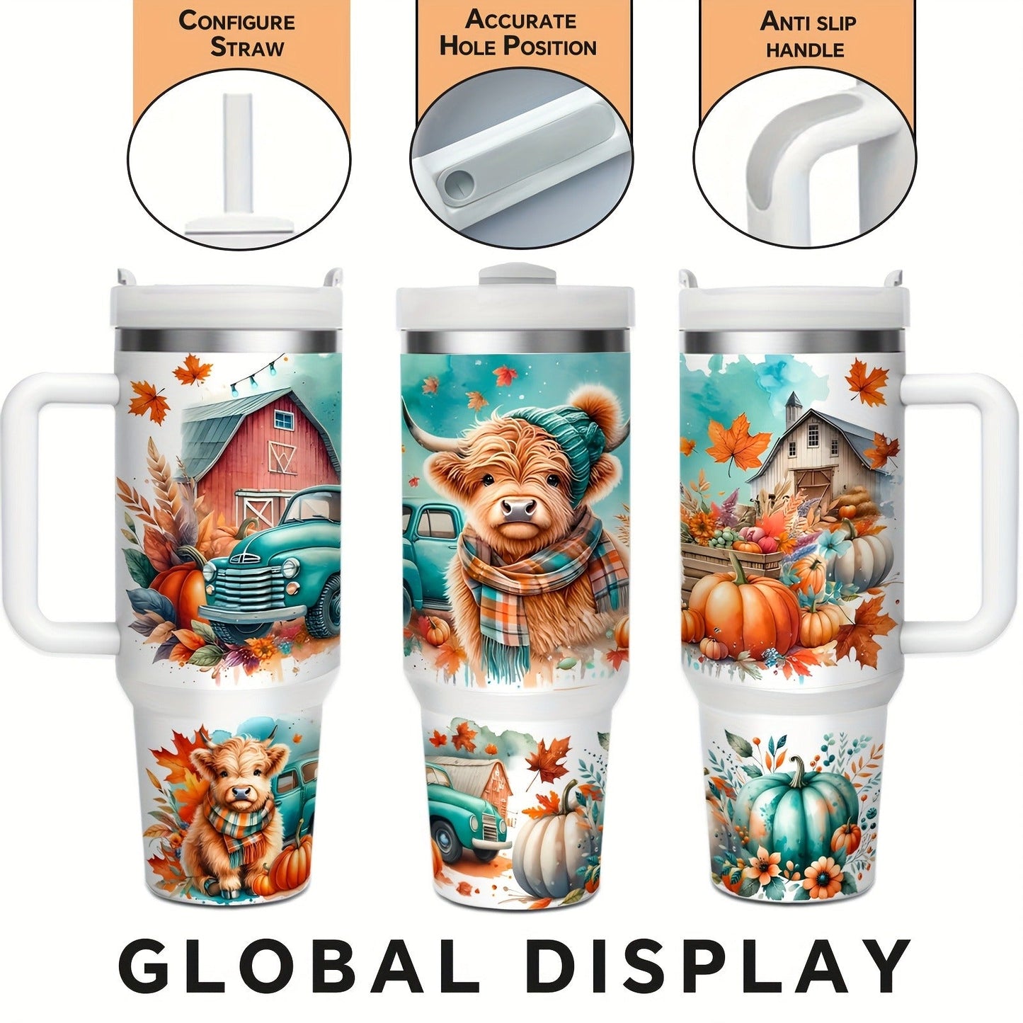 Stainless Steel Insulated Tumbler With Lid and Straw, 40oz & 16oz Highland Cow Thanksgiving Water Bottle With Handle, Keeps Cold 24 Hours Hot 12 Hours, Portable Travel Cup for Car Home Office Birthday Gift