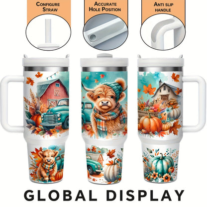 Stainless Steel Insulated Tumbler With Lid and Straw, 40oz & 16oz Highland Cow Thanksgiving Water Bottle With Handle, Keeps Cold 24 Hours Hot 12 Hours, Portable Travel Cup for Car Home Office Birthday Gift